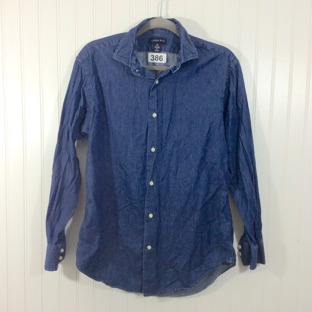 Vintage Lands End Shirt Mens 15 32-33 Blue Denim Button Up Long Sleeve Outdoor